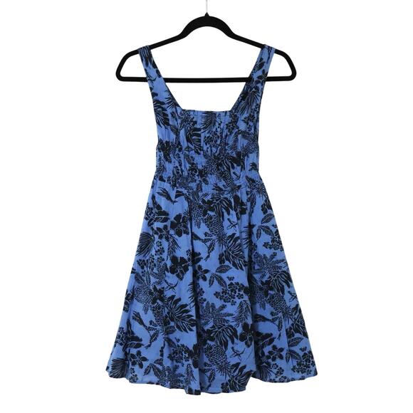 Vintage Free People Blue Tropical Smocked Cotton Mini Dress 4 Boho Travel - Picture 1 of 8